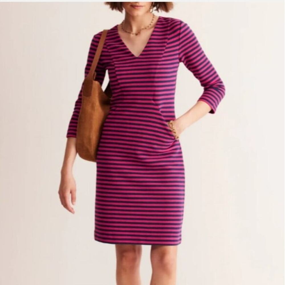 Boden Bronte Ottoman Pink & Navy Blue Striped Knit Dress Size 14